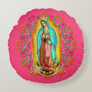 Our Lady Guadalupe Virgin Mary Catholic Saint Pink Round Cushion
