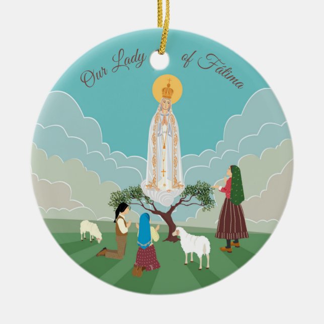 Our Lady of Fatima and the three shepherds Ceramic Tree Decoration (Front)