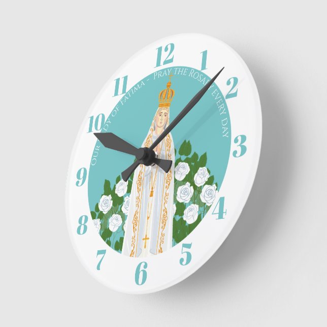 Our Lady of Fatima and white roses  Round Clock (Angle)