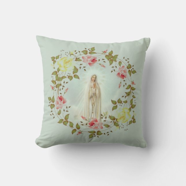 Our Lady of Fatima Rose Spring Floral Wreath Cushion (Front)