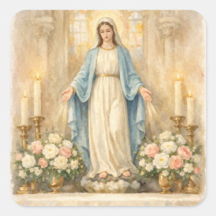 Our Lady of Grace Watercolor Altar Floral Catholic Square Sticker
