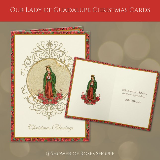 Our Lady of Guadalupe Christmas Poinsettia Holiday Card (Our Lady of Guadalupe Christmas Cards with red poinsettias)