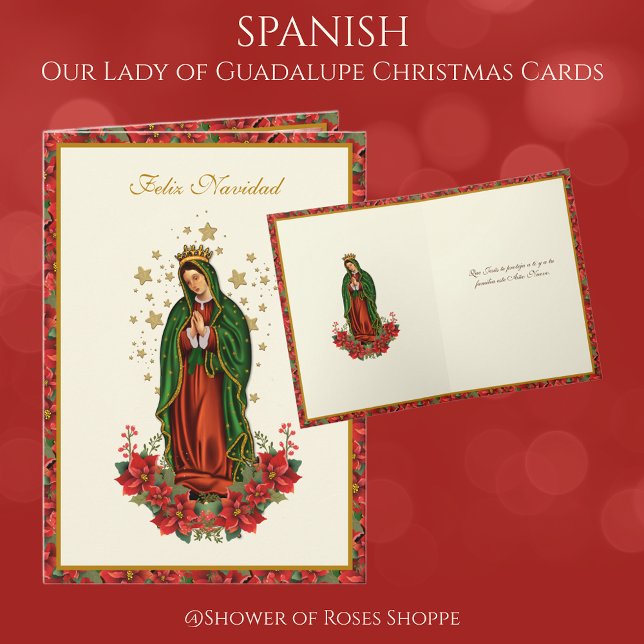Our Lady of Guadalupe Christmas Pointsettia  Holiday Card (Spanish Our Lady of Guadalupe Christmas Cards - Easy to personalize! )