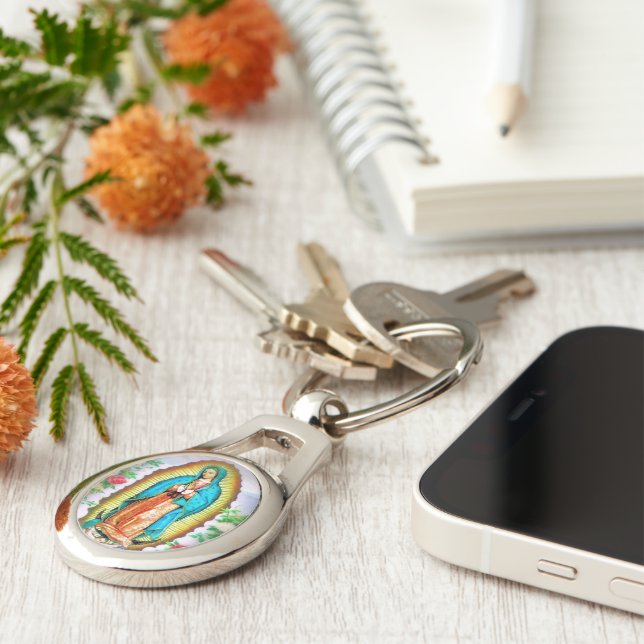 Our Lady of Guadalupe Floral Key Ring (Side)