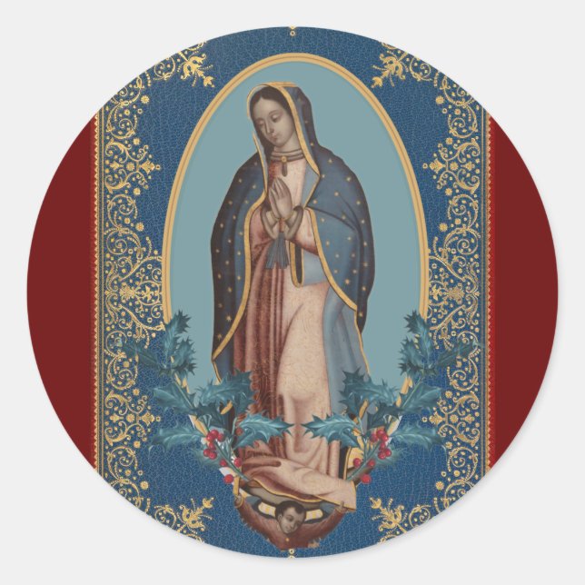 Our Lady of Guadalupe Virgin Mary Feliz Navidad Classic Round Sticker (Front)