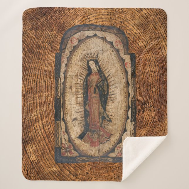 Our Lady of Guadalupe Virgin Mary Wood Look  Sherpa Blanket (Front)