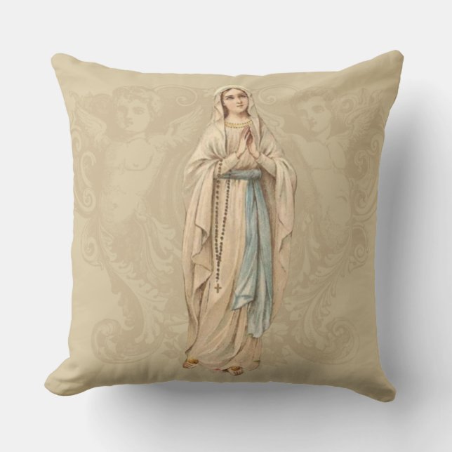 Our Lady of Lourdes Angels Catholic Prayer Cushion (Front)