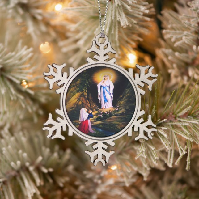 Our Lady of Lourdes by Litany Lane Snowflake Pewter Christmas Ornament (Tree)