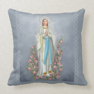 Our Lady of Lourdes Rosary Virgin Mary Roses Cushion