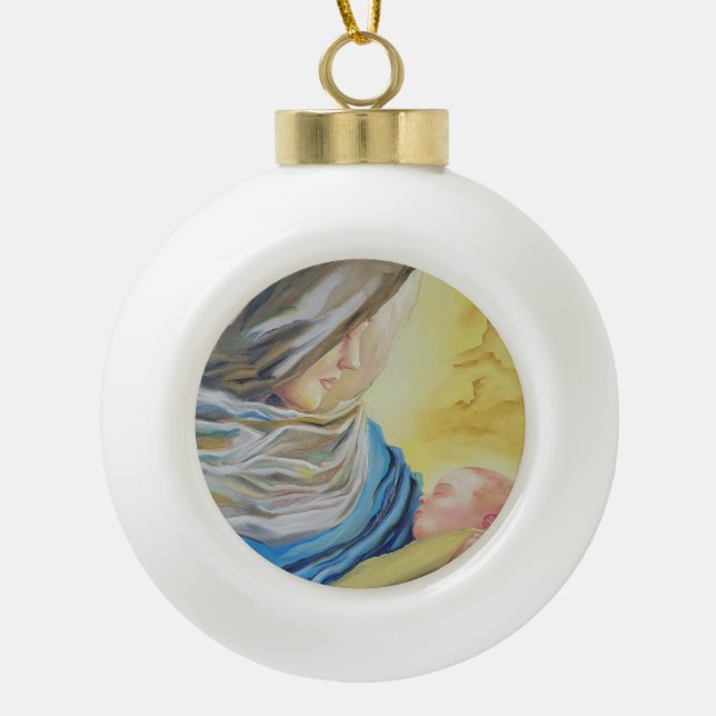 Our Lady of Silence holding baby Jesus Ceramic Ball Christmas Ornament (Front)