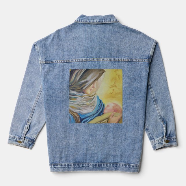 Our Lady of Silence holding baby Jesus Denim Jacket (Back)