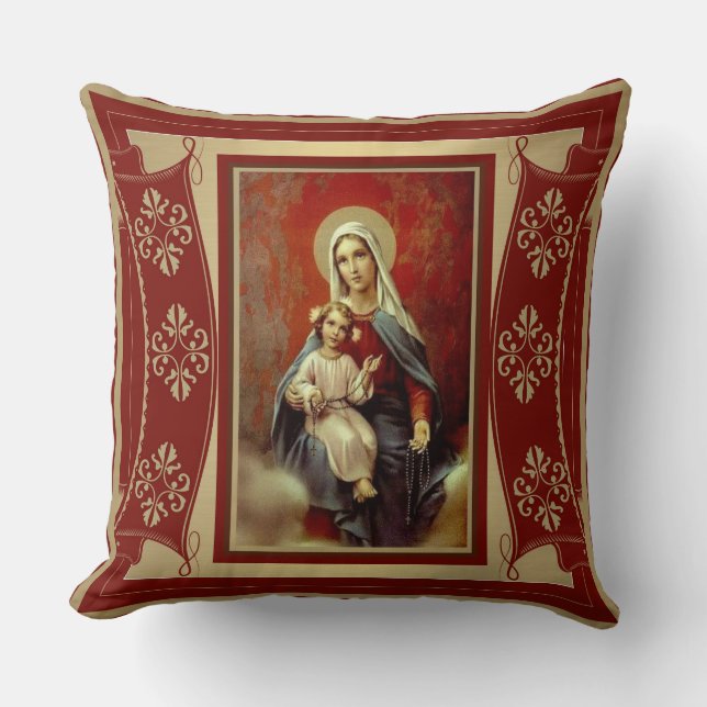 Our Lady of the Rosary w/Jesus Burgundy Red Gold Cushion (Front)
