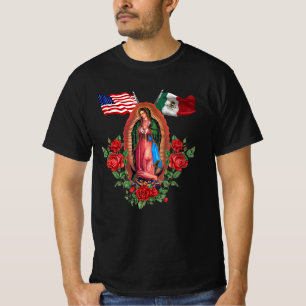 Our Lady Virgen De Guadalupe Mexican American Flag T-Shirt