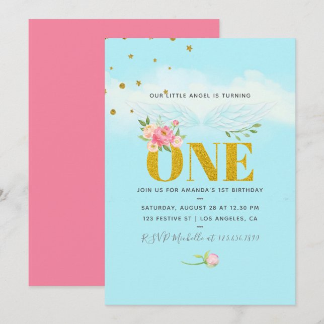Our Little Angel 1st Birthday Baby Girl Party Invitation (Front/Back)