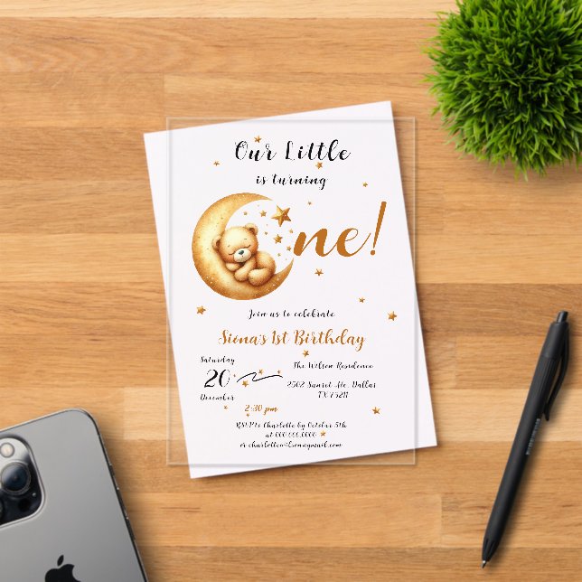 Our Little Bear Is Turning One Cute 1st Birthday Acrylic Invitations (Insitu (Invitation Card))
