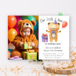 Our Little Bear Is Turning One Kids Birthday  Invitation<br><div class="desc">Watercolor kids birthday party. Watercolor teddy bear in birthday hat with red balloon and gift box.</div>