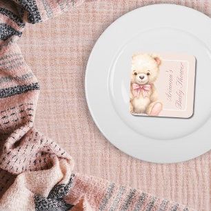 Our Little Bear on the Way Pink Bow Baby Shower Square Paper Coaster