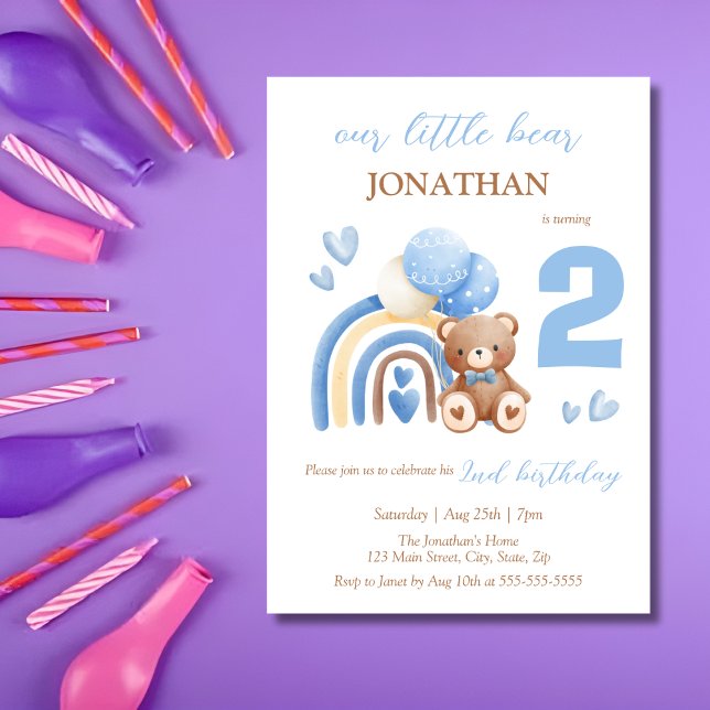 Our Little Bear Rainbow Balloon 2nd Birthday Invitation (Creator Uploaded)