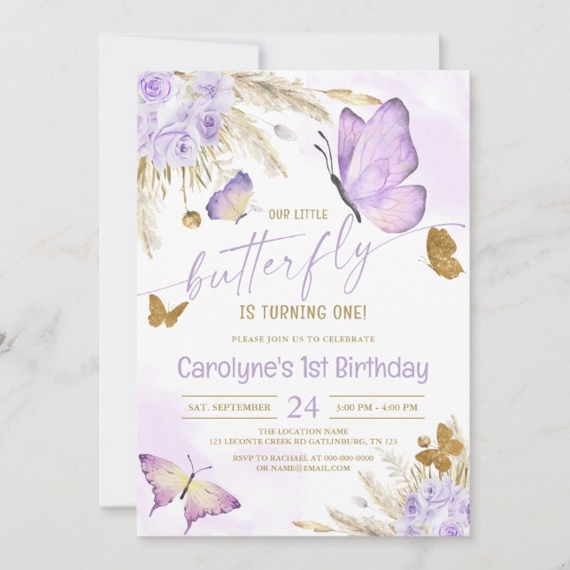 Our Little Boho Purple Butterfly Birthday Invitation (Front)