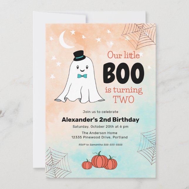 Our Little Boo Cute Ghost With Hat 2nd Birthday Invitation (Front)