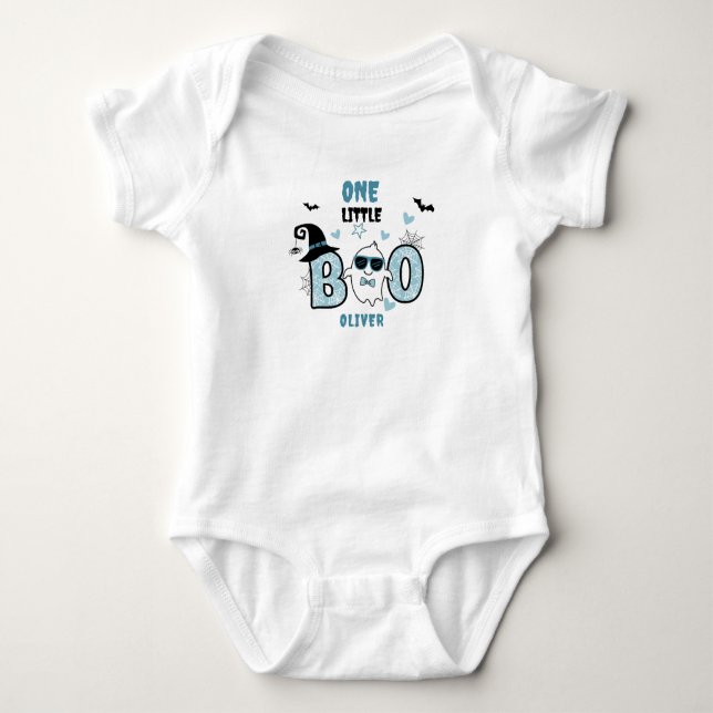OUR LITTLE BOO IS TURNING ONE BLUE 1ST BIRTHDAY BABY BODYSUIT (Front)