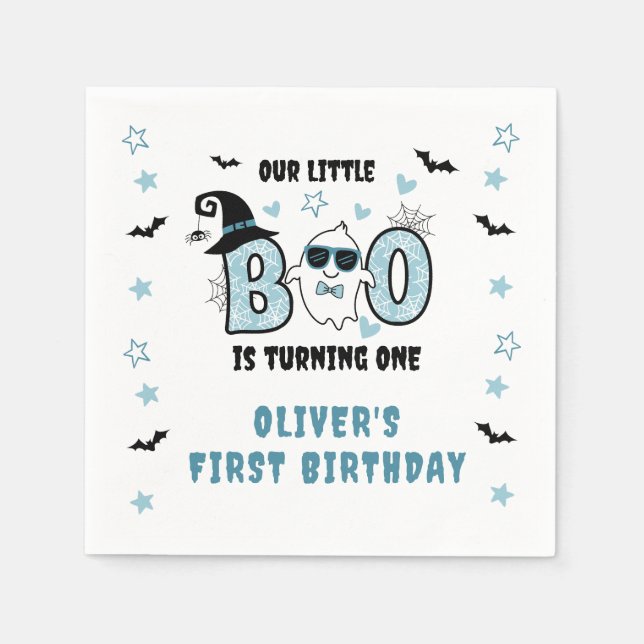 OUR LITTLE BOO IS TURNING ONE BLUE 1ST BIRTHDAY NAPKIN (Front)
