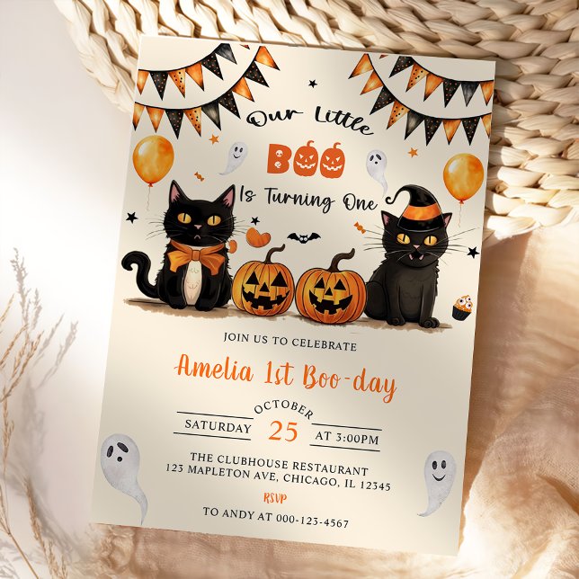 Our Little Boo Turning One  Black Cat Halloween Invitation (Creator Uploaded)