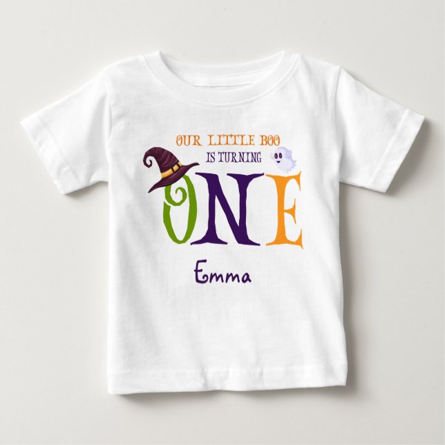 Our Little Boo Turning One, Halloween 1st Birthday Baby T-Shirt (Front)
