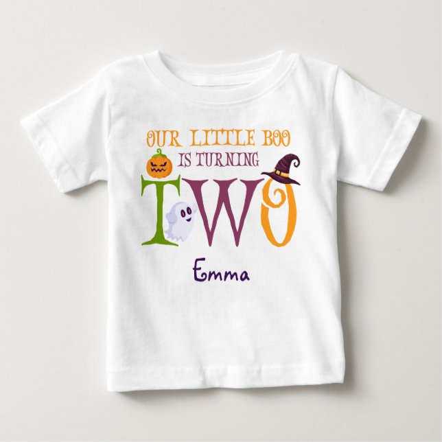 Our Little Boo Turning Two, Halloween 2nd Birthday Baby T-Shirt (Front)