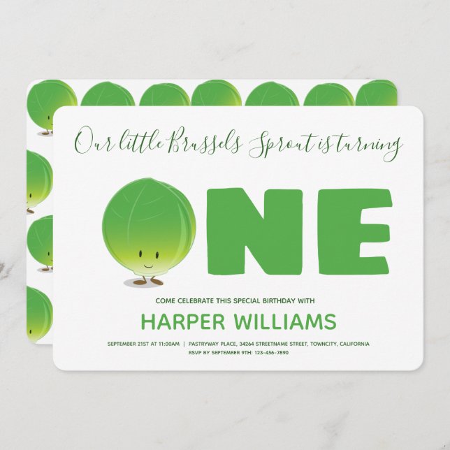 Our Little Brussels Sprout is Turning One Birthday Invitation (Front/Back)