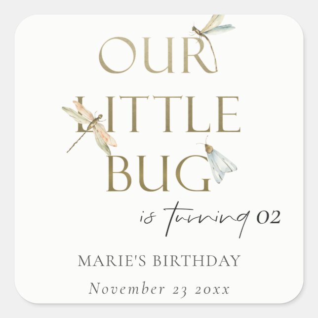 Our Little Bug Gold Dragonfly Any Age Birthday Square Sticker (Front)