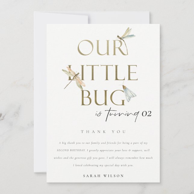 Our Little Bug Gold Dragonfly Any Age Birthday Thank You Card (Front)