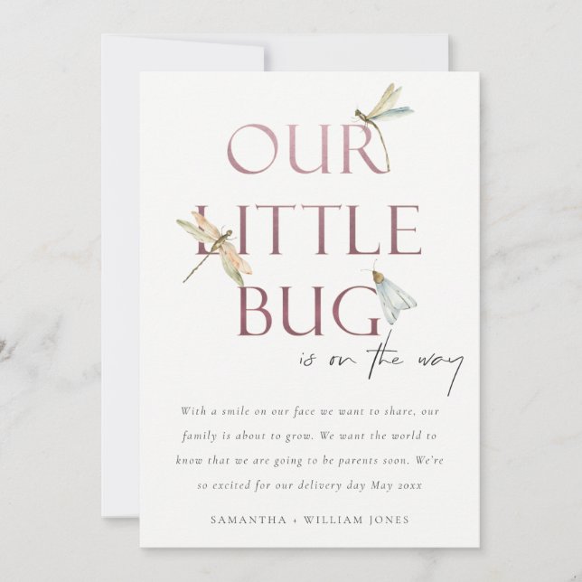 Our Little Bug Pink Dragonfly Baby Announcement (Front)