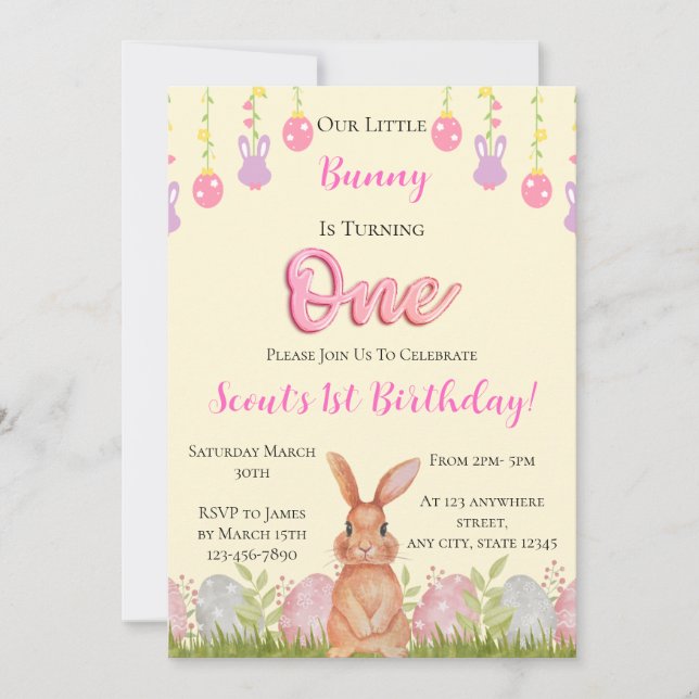 Our Little Bunny Is Turning One Birthday Invitation (Front)