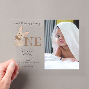 Our Little Bunny Rabbit Birthday Photo One 1st Acrylic Invitations