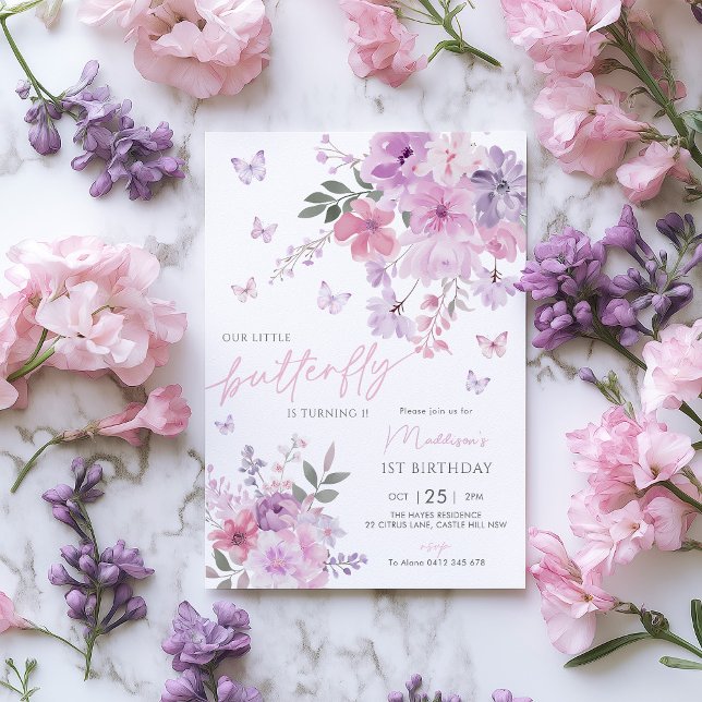 Our Little Butterfly Floral Purple 1st Birthday Invitation (Our little butterfly 1st Birthday Invitation Purple Flowers Butterfly)
