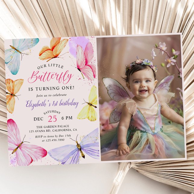 Our Little Butterfly Girls First Birthday Photo Invitation (Creator Uploaded)