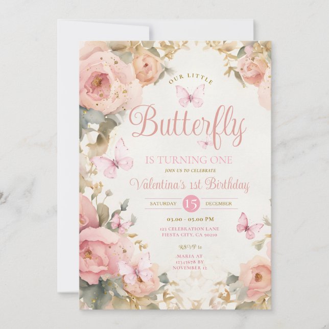 Our Little Butterfly is turning one Pink Flowers Invitation (Front)
