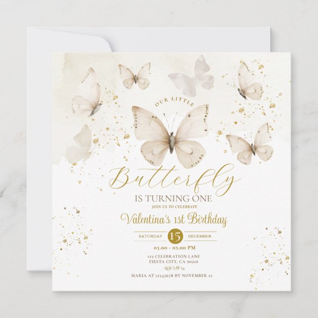 Our Little Butterfly is turning one White Cream Invitation (Front)