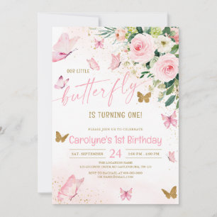 Our Little Butterfly Pink Floral Birthday Invitation