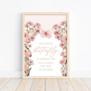 Our Little Butterfly Pink Girls 1st Birthday Poster