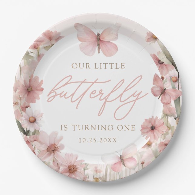 Our Little Butterfly Pink Girls Birthday Paper Plate (Front)