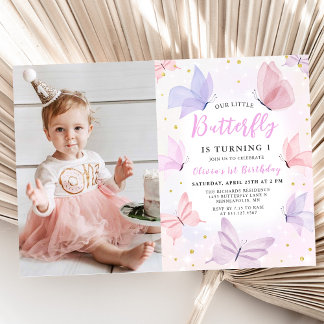 Our Little Butterfly Pink Girls Birthday Photo Invitation