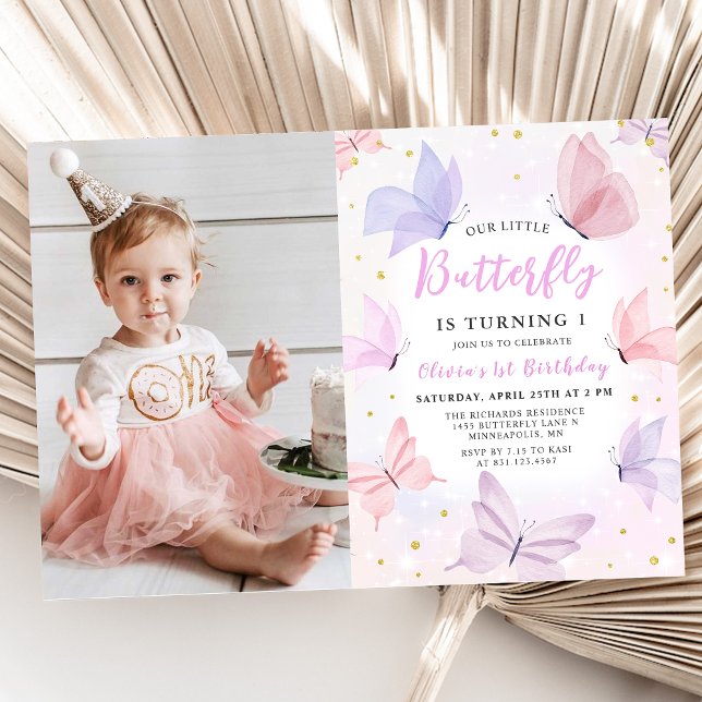 Our Little Butterfly Pink Girls Birthday Photo  Invitation (Creator Uploaded)