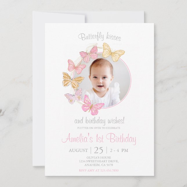 Our Little Butterfly Pink Purple Girl 1st Birthday Invitation (Front)
