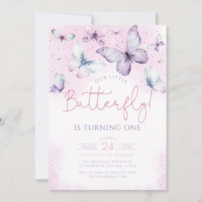 Our Little Butterfly Pink Purple Girl Birthday Invitation (Front)