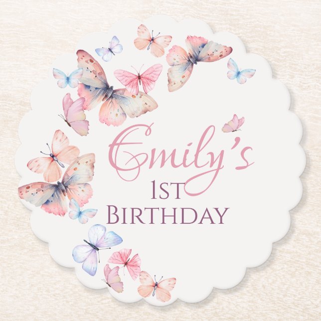 Our Little Butterfly -Watercolor Colourful Birthda Paper Coaster (Front)