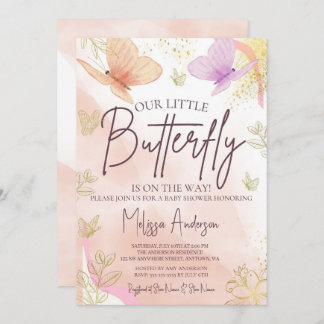 Our Little Butterfly Watercolor Pink Purple Gold Invitation