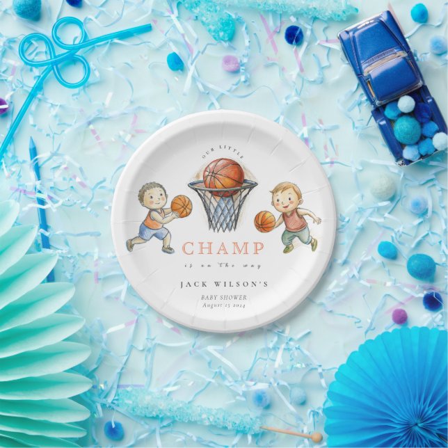Our Little Champ Basketball Basket Boy Baby Shower Paper Plate (Party)