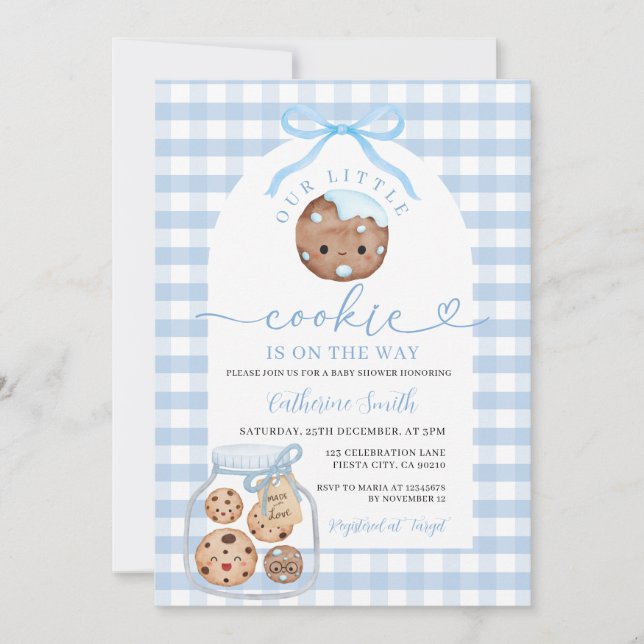 Our Little Cookie Baby Shower In Jar Blue Gingham Invitation (Front)
